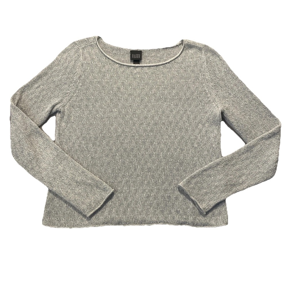 Eileen Fisher‎ 100% Linen Sweater Medium Marled Knit Coastal Minimalist Lt Gray